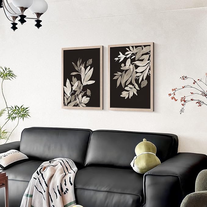 Framed Vintage Canvas Wall Art Botanical Leaves Poster Picture Countryside Painting Nature Landscape Modern Home Print Living Room Gallery Office Ready to Hang 12x16 inches x2