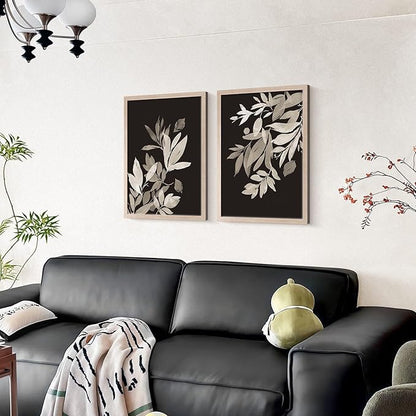 Framed Vintage Canvas Wall Art Botanical Leaves Poster Picture Countryside Painting Nature Landscape Modern Home Print Living Room Gallery Office Ready to Hang 12x16 inches x2