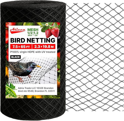 ATICCA Heavy Duty Bird Netting for Garden Protection & Fruit Trees, 7.5x65 Ft with 10 Stakes – Black Anti-Bird Net for Poultry, Deer, & Squirrel Protection, Durable Nylon Mesh for Garden and Yard Use
