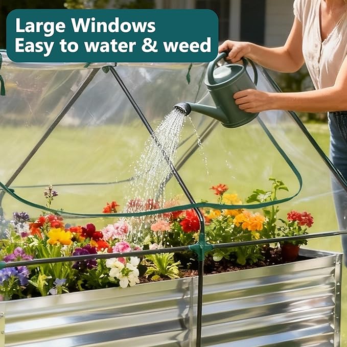 NEWBULIG 6x3x2ft Galvanized Raised Garden Bed with Greenhouse Cover, Outdoor Metal Planters Box for Planting Vegetables, Flowers & Herbs, Easy Assembly, Clear