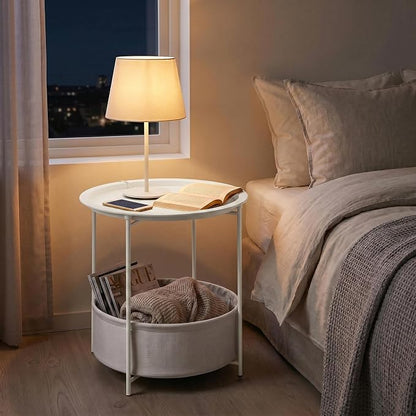 VECELO Round Side/End Table with Fabric Storage Basket，Metal Anti-Rust and Waterproof Small Bedside Nightstand with Removable Tray Top for Living Room，Balcony & Laundry，Beige/1pcs with Basket