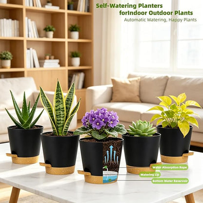 5 Pack 5 Inch African Violet Pots Self Watering, Self-Watering Planters with Drainage Holes & Reservoir, Black Brown Plastic Pots for Indoor Outdoor Plants, Succulents & Flowers