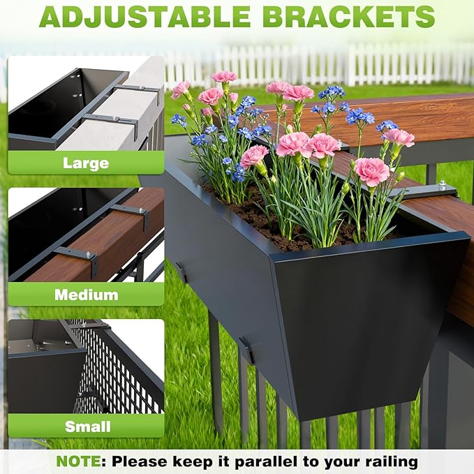 Railing Planter for Outdoor Plants 36 Inch Metal Hanging Planters Pots with Adjustable Brackets and Drainage Railing Planter Boxes Hanging Flower Pots for Balcony Deck Railings Apartment Patio Decor