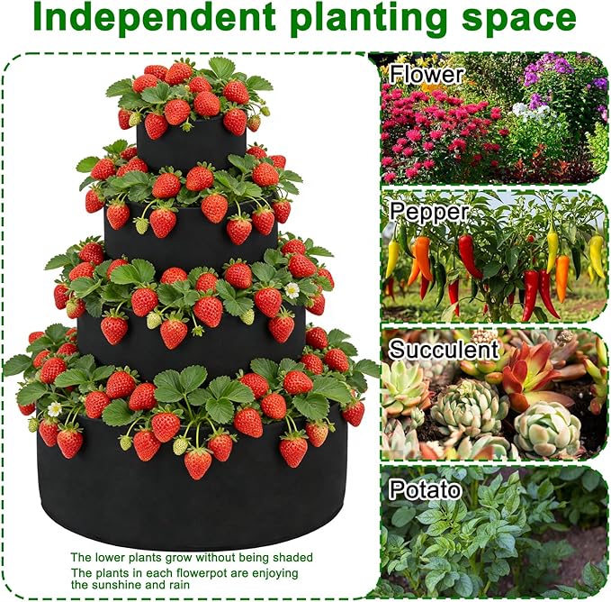 2 PCS 4 Tiered Black Fabric Strawberry Planter 36 28 20 11 inch Strawberry Tower Planter Stackable Planters Strawberry Grow Kit