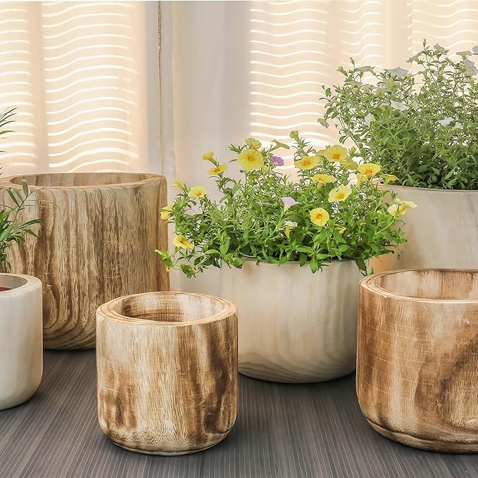 CYS EXCEL 11'' Natural Cylinder Planter Lightweight Natural Wood Cachepot for Indoor Plants, Succulents, Herbs, Home & Office Decor