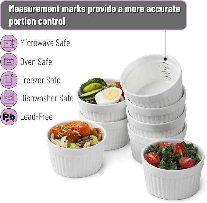 BTaT- Ramekins, 8 oz, Set of 8, Ramekins for Baking, Ramekin with Measurement Markings, Creme Brulee Dishes, Souffle Cups, Custard Cups, Ceramic Bakeware, Souffle Dish, Small Ceramic Bowl