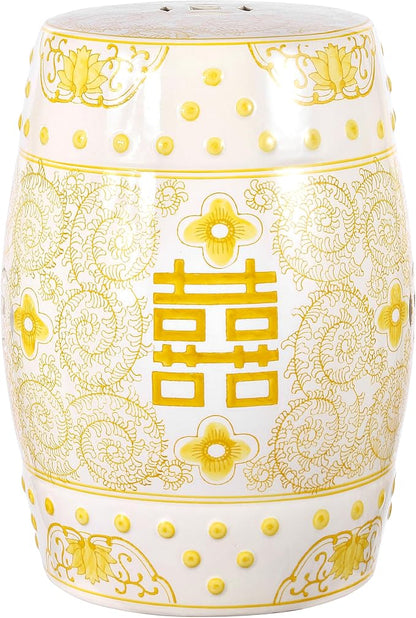 JONATHAN Y Double Happiness 18" Ceramic Garden Stool, Traditional Chinoiserie Yellow and White Indoor/Outdoor Patio Drum Accent Side Table and Plant Stand TBL1013B