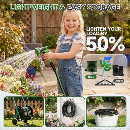 Garden Hose 100 ft Flexible Water Hoses Non-Expanding Lightweight Portable No Kink High Pressure Flat Fabric 3/4” fittings Leak-proof Durable Pipe for Outdoor Outside Yard Lawn Patio Watering Car Wash
