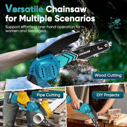 Mini Chainsaw- 6 Inch Electric Mini Chain Saw Cordless Battery Powered One-Hand Tree Trimming Saw with 2 Batteries, Portable Gardening Gadgets for Men, Unique Birthday Gifts for Dad Grandpa (Blue)