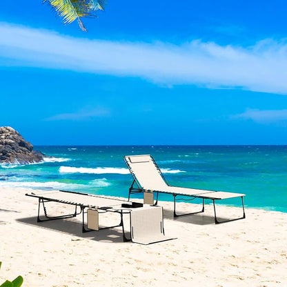 Outdoor Chaise Lounge Chair with Face Hole and Arm Hole, Tanning Chair with 5 Position Adjustable Back, Foldable Lounge Chair with Detachable Pocket and Pillow for Beach, Pool, Cream White
