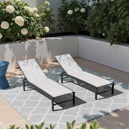Crestlive Products Pool Lounge Chair Outdoor Set of 2, Aluminum Chaise Lounge Chairs, Adjustable Five-Position Tanning Recliner, All Weather for Patio, Beach, Yard, Pool (Grey Black)