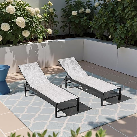 Crestlive Products Pool Lounge Chair Outdoor Set of 2, Aluminum Chaise Lounge Chairs, Adjustable Five-Position Tanning Recliner, All Weather for Patio, Beach, Yard, Pool (Grey Black)