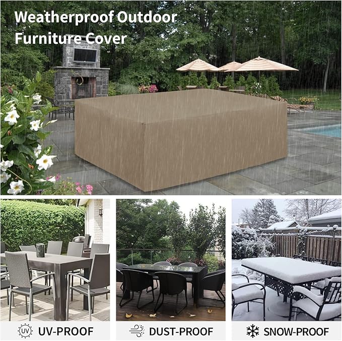 Easy-Going 600D Heavy Duty Patio Furniture Cover, Outdoor Rectangular Table and Chair Set Cover, Waterproof Outdoor Sectional Set Cover (130" L x 84" W x 28" H, Camel)