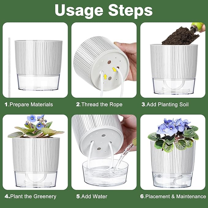 6 Pack Self Watering Pots for Indoor Plants, 4+5.5+6.3 Inch Self Watering Plant Pots Set, Flower Pots with Wick Rope and Reservoir for African Violet, Spider Plant, Orchid