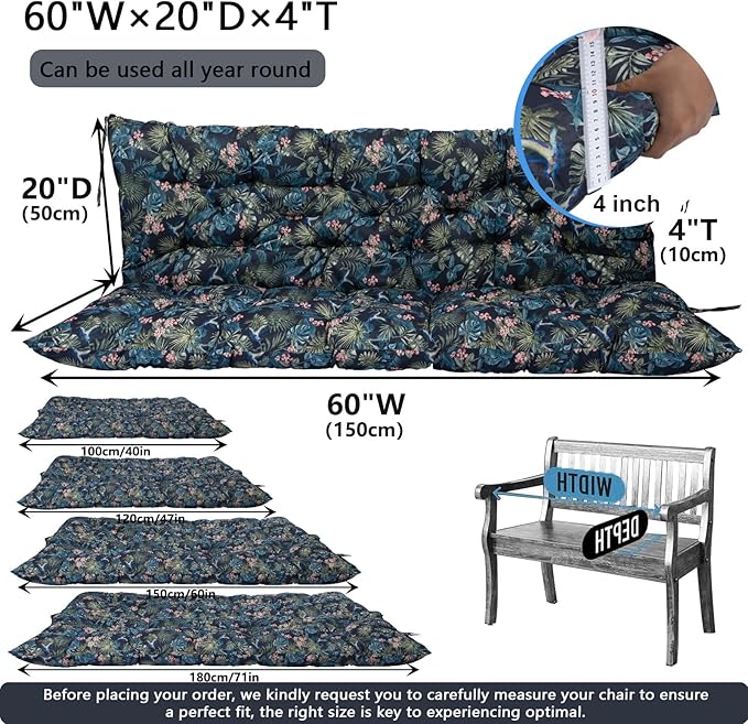 Outdoor Swing Cushions 3 Seater Waterproof, Replacement Bench Cushions for Outdoor Patio Furniture with Backrest, Porch Swing Cushion with Ties for Lawn and Garden (Hummingbird, 40x60in)