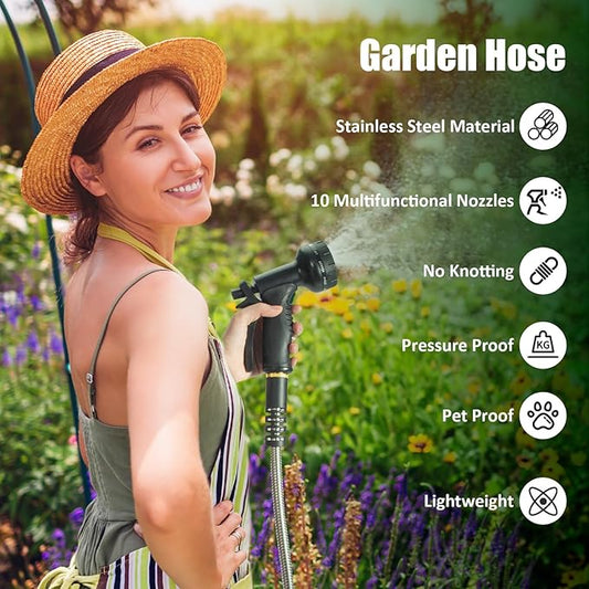 Garden Hose 50 ft, Stainless Steel Water Hose 50ft Heavy Duty with 10 Function Nozzle, Flexible No-Kink Metal Hose 50 Feet, Pet-Proof Water Pipe for Outside Yard