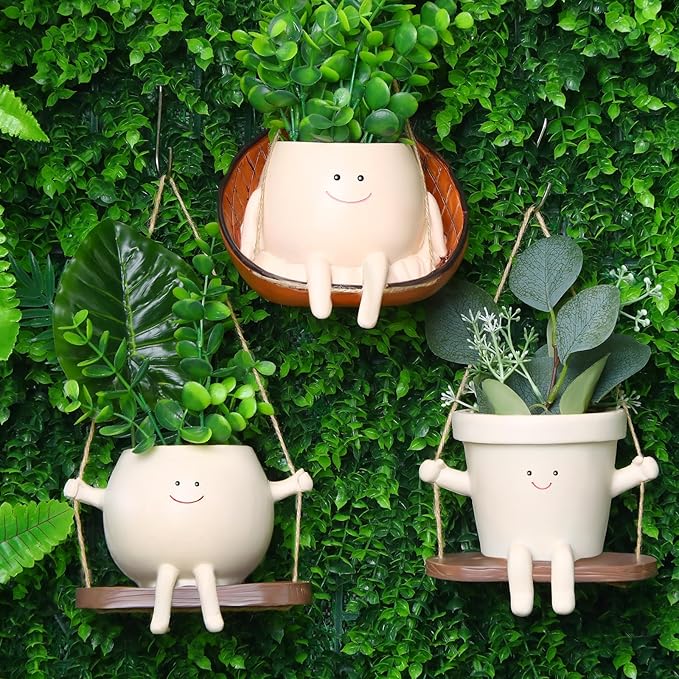 Nuogo 3 Pack Hanging Swing Chair Planter Pots Cute Wall Hanging Planter Pot Swing Face Pot with Drainage Holes Head Pots for Indoor Outdoor Plant Home Decor(Fashiom)