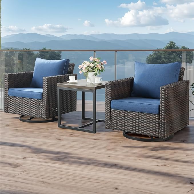 HUMMUH 8 Piece Patio Furniture Set Outdoor Sectional Sofa,High Back Patio Swivel Rocker Chairs with Ottomans Coffee Table for Porch,Garden,Backyard(Brown/Blue)