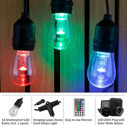 Pure Garden Outdoor String Lights - 50ft Color-Changing Patio Lights with Remote and Vintage-Style LED Edison Bulbs for Porch, Backyard, and Events