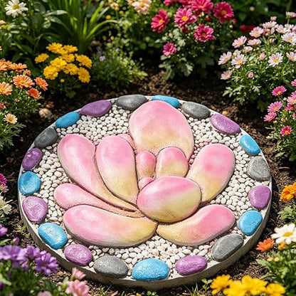 Succulent Pattern Cement Stepping Stones - Garden Stepping Stones Outdoor Pavers for Outside Walkway Gifts for Grandma Garden Stones Decorative Sculpture Yard Art 0.75 * 10 * 10 Inch