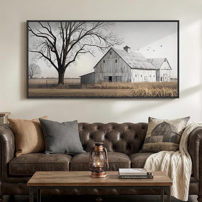 Large Framed Farmhous Wall Art for Living Room, Vintage Rustic Landscape Horizontal Canvas Print, Neutral Country Barn Wall Decor for Bedroom Dining Room Hallway 30x60 Inch