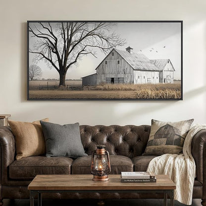 Large Framed Farmhous Wall Art for Living Room, Vintage Rustic Landscape Horizontal Canvas Print, Neutral Country Barn Wall Decor for Bedroom Dining Room Hallway 30x60 Inch