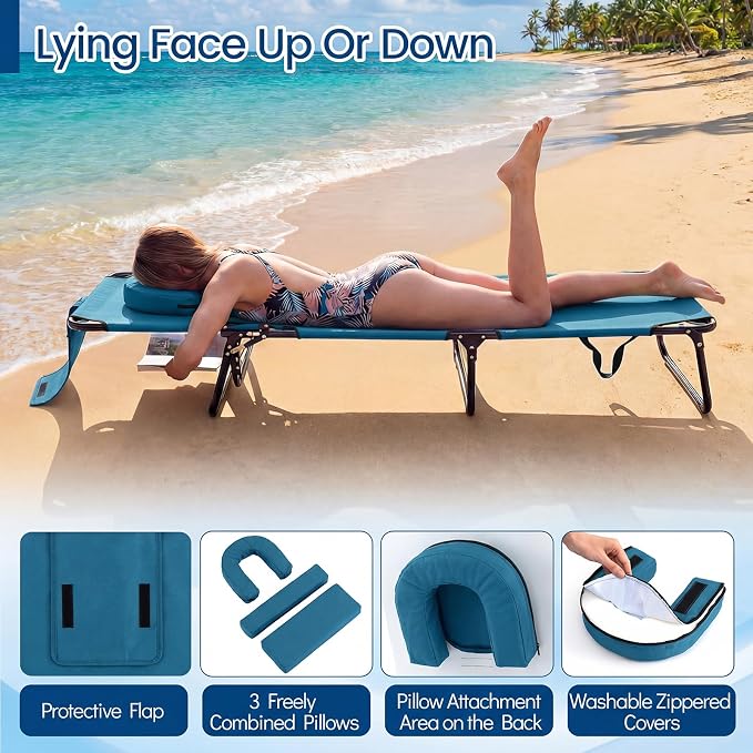 Giantex 2-Pack Tanning Chair, 350lbs Adjustable Patio Lounge Chair w/Face Hole, Removable Pillows, Carry Strap, Folding, Outdoor Chaise Lounge for Layout Beach Poolside Lawn