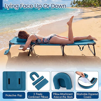 Giantex 350lbs Adjustable Patio Lounge Chair w/Face Hole, Removable Pillows, Carry Strap, Layout Chair, Folding Beach Chair, Outdoor Chaise Lounge for Poolside Lawn Tanning (1, Blue)