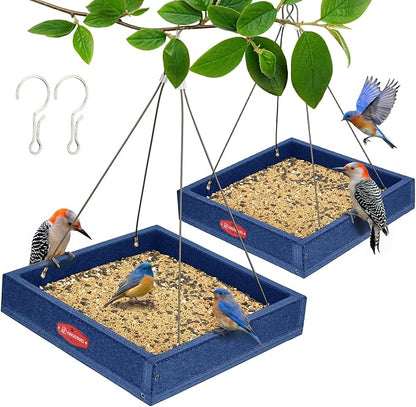 Kingsyard 2 Pack Platform Bird Feeder Tray for Outdoor Hanging - Durable Recycled Plastic & Metal Mesh, Large 3.5 lbs Capacity, Ideal for Attracting Large Birds, Blue