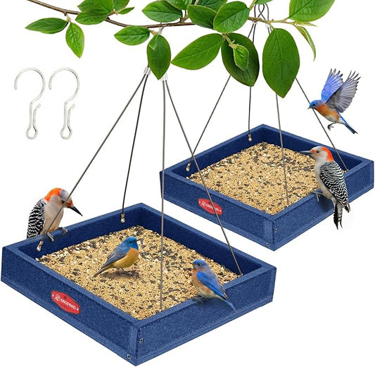 Kingsyard 2 Pack Platform Bird Feeder Tray for Outdoor Hanging - Durable Recycled Plastic & Metal Mesh, Large 3.5 lbs Capacity, Ideal for Attracting Large Birds, Blue