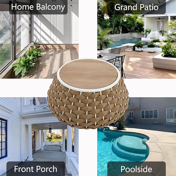 30.5 inch Outdoor Side Table, Large Patio End Table with Removable Lid Round Accent Side Tables with Metal Frame and Hollow Out Bottom for Patio, Balcony Porch, Poolside, Garden, Yard, Brown