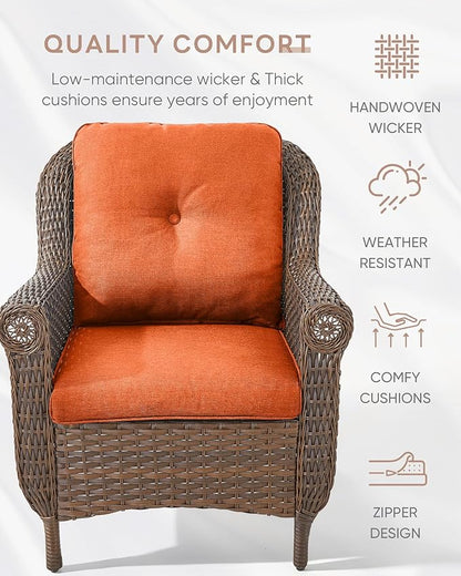 Outdoor Patio Chairs with Fire Pit Table 5 Piece Set - High Back Brown Wicker Rattan Lawn Chair with Thick Cushion for Porch Apartment Deck Yard Poolside Garden - Orange