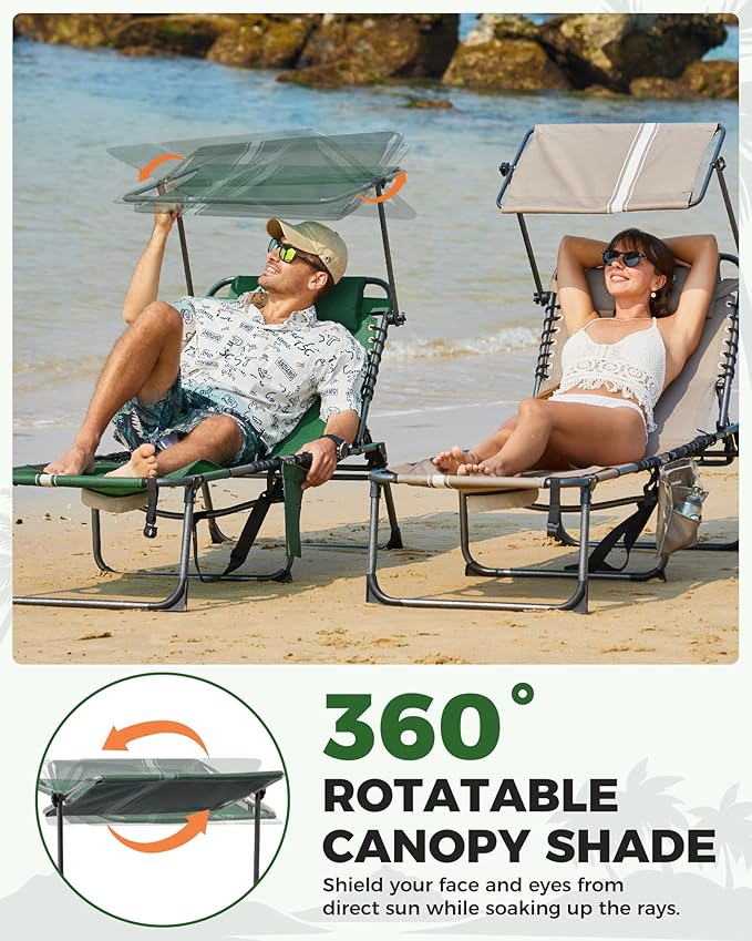 KingCamp Tanning Chair with Face Hole, Lounge Chairs Outdoor Folding Portable Comfy Adjustable 5-Position Foldable Chaise Chaser with Canopy Shade for Outside Beach Patio Sun Bathing Pool, Green/White