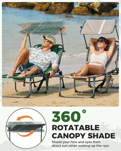 KingCamp Tanning Chair with Face Hole, Lounge Chairs Outdoor Folding Portable Comfy Adjustable 5-Position Foldable Chaise Chaser with Canopy Shade for Outside Beach Patio Sun Bathing Pool, Green/White