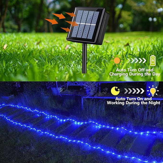YEGUO Solar Christmas Lights Outdoor Waterproof, 2 Packs Each 33ft 100 LED Rope Lights, 8 Modes Fairy String Lights in Clear Thin Tube for Camping Fence Patio Garden Trampoline Deck(Blue)