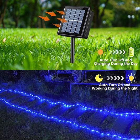 YEGUO Solar Christmas Lights Outdoor Waterproof, 2 Packs Each 33ft 100 LED Rope Lights, 8 Modes Fairy String Lights in Clear Thin Tube for Camping Fence Patio Garden Trampoline Deck(Blue)