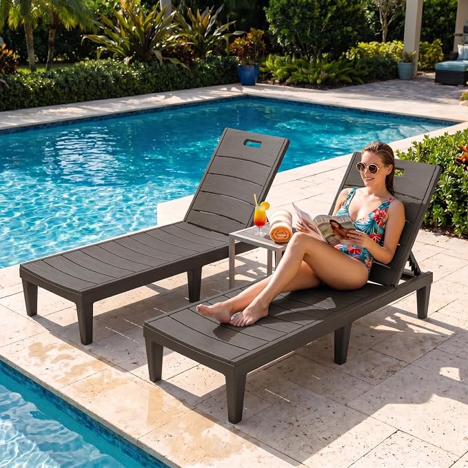 Greesum Outdoor Chaise Lounge Chairs Set of 4 with 5-Position Adjustable Backrest, Waterproof PP Sun Chaise Loungers for Garden Pool Beach Patio Deck Sunbathing, Brown