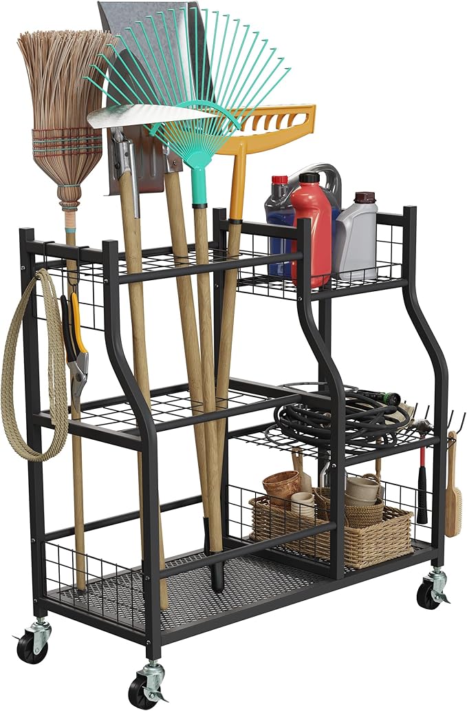 Garage Garden Tool Organizer with Wheels - Yard Tool Storage Rack with 28 Slots for Long Handles, 10 Hooks, 2 Cord Wrappers, 3 Shelves, and Locking Wheels - Shed or Garage Organization by Pure Garden
