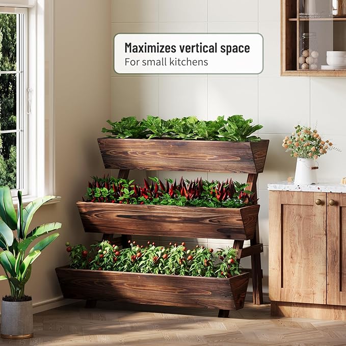 Vertical Wooden Raised Garden Bed, Garden Planters Freestanding Wood Plant Stand Flower Rack Wooden Planter Box for Plants Herbs Flowers Vegetables Outdoor Indoor Gardening (3-Tier Large Carbonized)