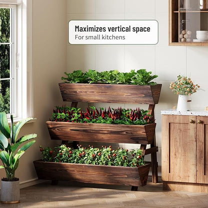 Vertical Wooden Raised Garden Bed, Garden Planters Freestanding Wood Plant Stand Flower Rack Wooden Planter Box for Plants Herbs Flowers Vegetables Outdoor Indoor Gardening (3-Tier Large Carbonized)