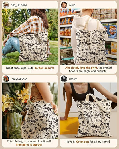 Miss Adola Canvas Tote Bag for Women – Aesthetic Canvas Bag with Zipper Cute Stylish Reusable Shoulder Totes for Shopping Work Daily Vacation, Bianfu Flower