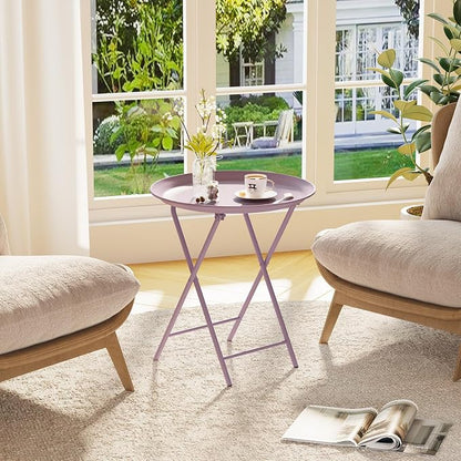 Garden 4 you Folding TV Tray Table, Metal Round Side Table, Purple Dinner Table with Metal Frame, Modern Outdoor Tray Table for Living Room, Bedroom, Patio & Small Spaces, 1 Pack