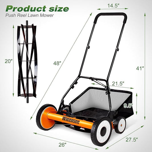 Walensee 20-Inch 5-Blade Push Reel Lawn Mower, Cordless Manual Reel Lawn Mower Walk-Behind Steel Lawn Mowers with Removable 11.8-Gallon Grass Catcher, Sponge Grip, 9-Position Cutting Height Adjustment