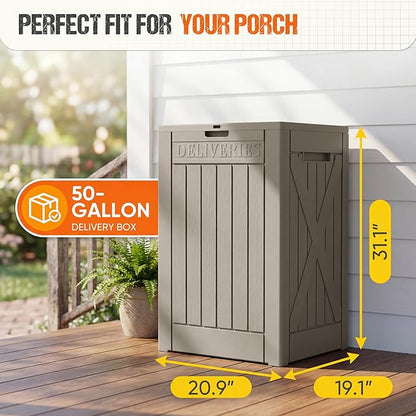 Flamaker 50 Gallon Deck Box, Package Delivery Box for Outside, Outdoor Package Drop Container for Gifts, Waterproof Plastic Storage Container with Lockable Secure for Porch (Brown)