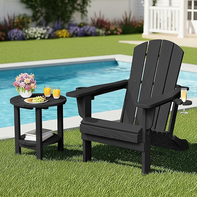 SERWALL Round Outdoor Side Table Set of 2, HDPE Small Adirondack Double End Table, Black