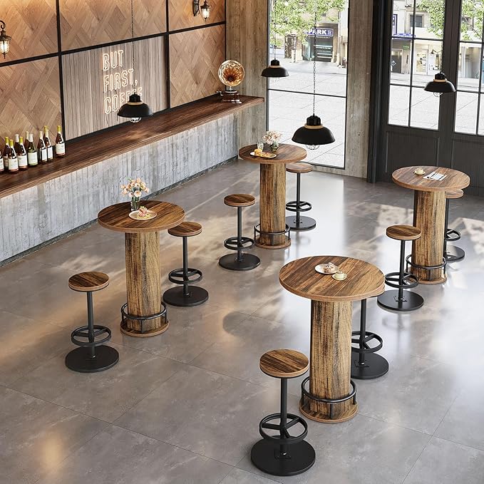 Tribesigns Round Commercial Dining Table Set of 4, 23.6" Heavy Duty Bar Table with Chairs, Wooden Kitchen Table for Restaurant, Cafe, Bakery, Apartment, Rustic Brown & Black