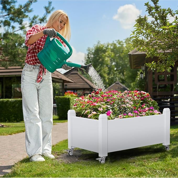 Vixzen Raised Garden Bed with Wheels Outdoor,Resin Weatherproof Planter Box with Drain Hole and Water Level Detector,for Planting Plants Vegetables(Ashen 30.04"×17.72"×17.56"