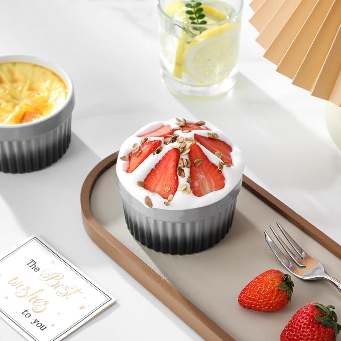 MALACASA Ramekins 6 oz Oven Safe, Small Ceramic Souffle Dishes for Creme Brulee Souffle, Stoneware Custard Cups Ramiken for Baking, Dessert Bowls Dipping Sauce Dish Set of 6, Grey, Series RAMEKIN-DISH