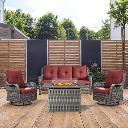 4 Piece Patio Furniture-with 50,000 BTU Gas Propane Fire Pit Table Outdoor Patio Furniture with Swivel Rocker Chairs,Outdoor Couch