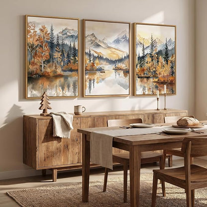Framed Mountain Forest Landscape Wall Art for Living Room, 3 Piece Orange Neutral Scenic Print Canvas Artwork for Walls, Large Rustic Nature Autumn Picture Wall Decor for Dining Room Hallway, 24x36 In